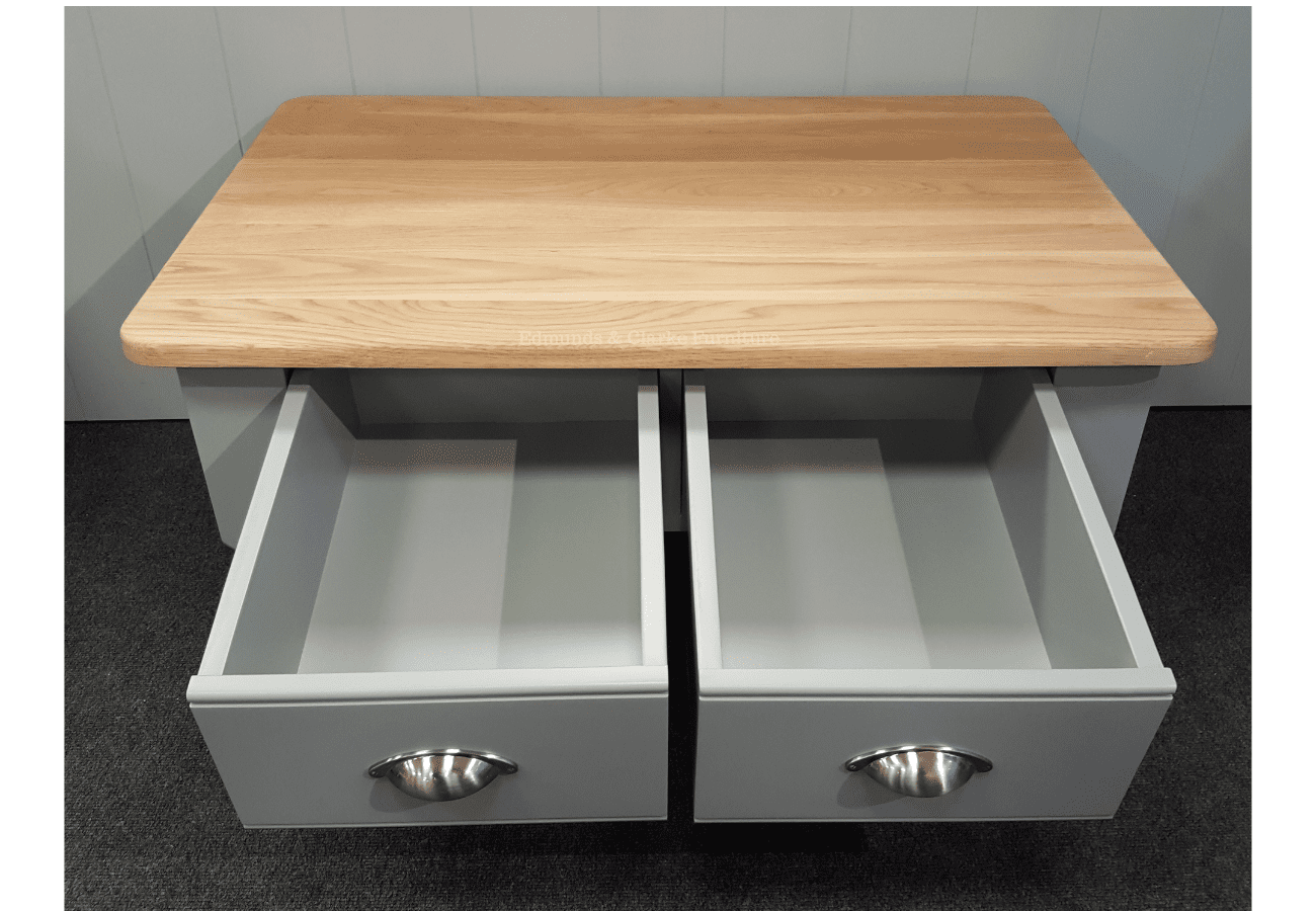 EDMCTFHMED Edmunds Farmhouse Coffee Table oak top, 2 drawers and turned painted legs - Medium. Edmunds & Clarke Furniture