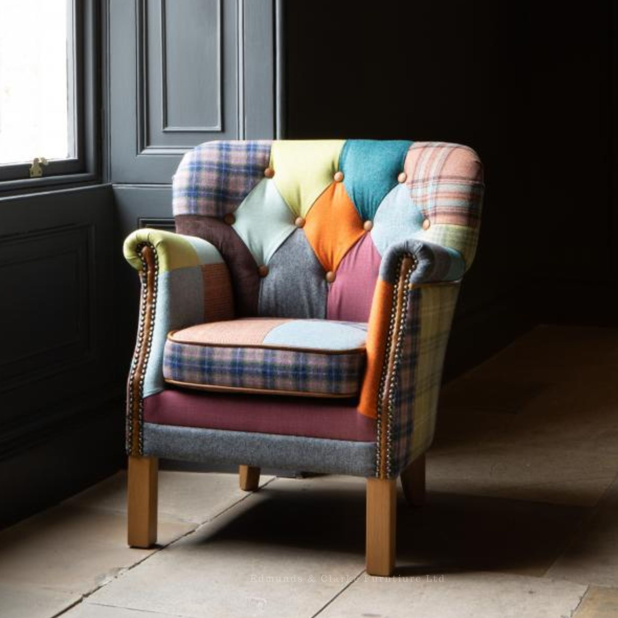 Governor Buttoned Arm Chair Harlequin Patchwork Edmunds and