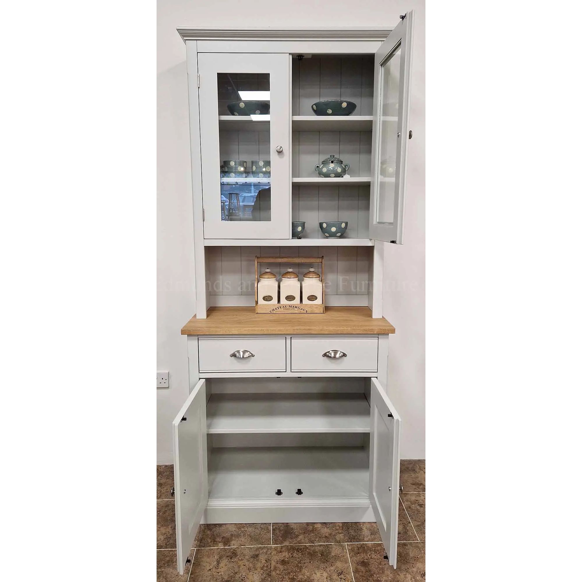 EDM2DR3 Edmunds half glazed 2 drawer dresser 92cm with oak top doors open. Edmunds & Clarke Furniture