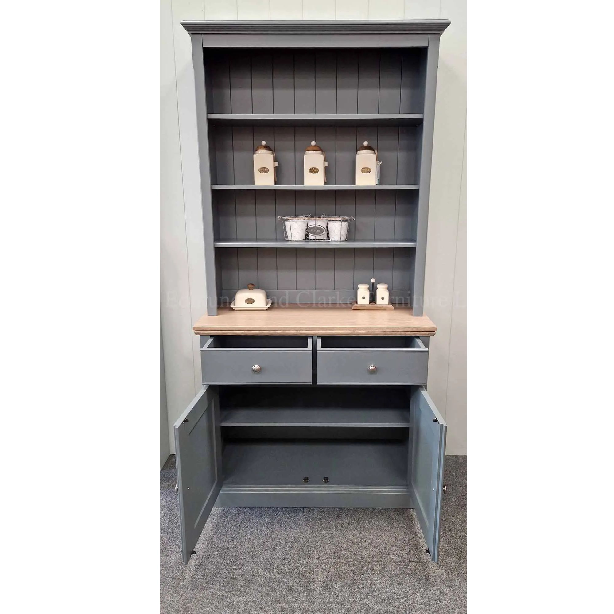 EDM2DR36 Edmunds open rack dresser painted with oak top 3'6 107cm doors open. Edmunds & Clarke Furniture