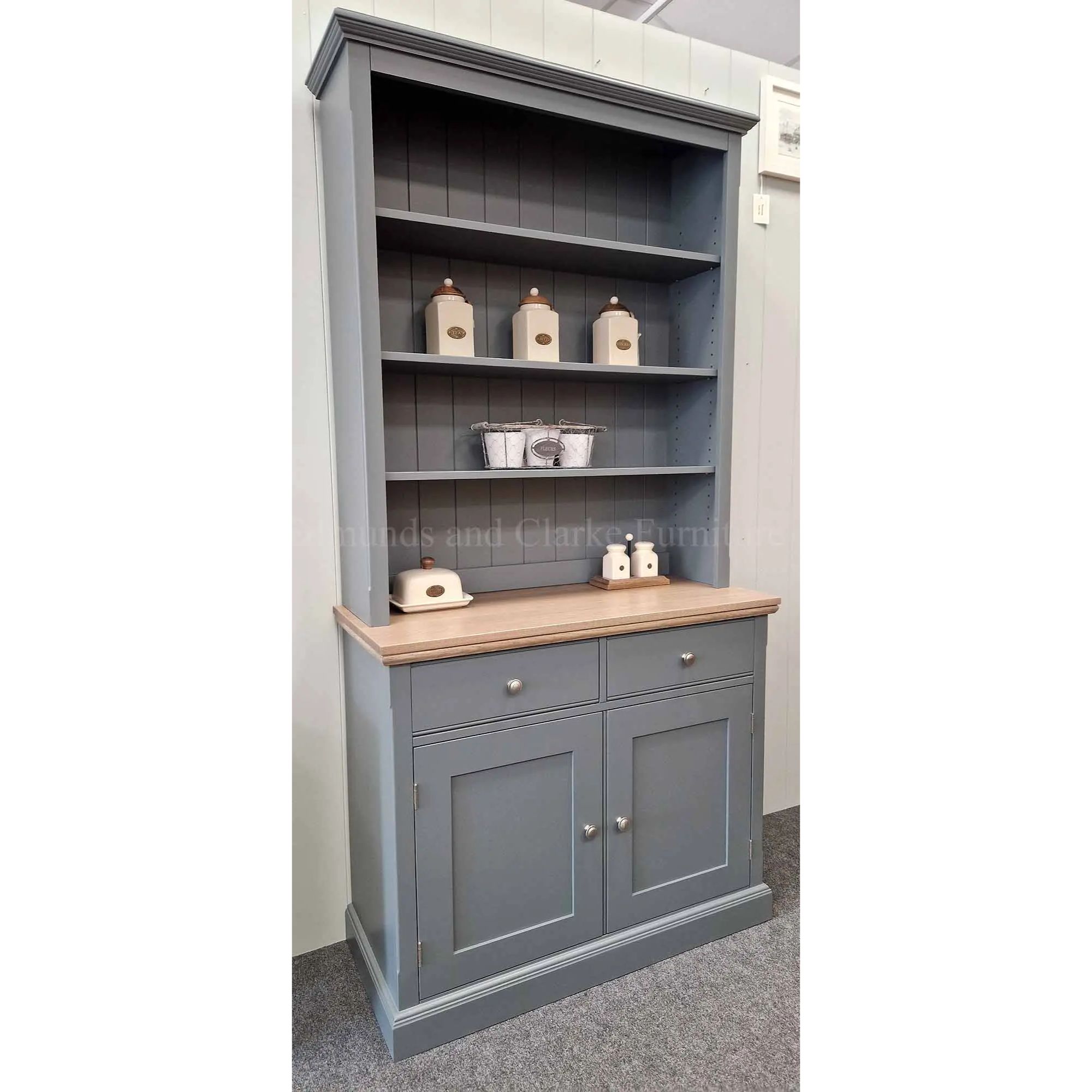 EDM2DR36 Edmunds open rack dresser painted with oak top 3'6 107cm side view. Edmunds & Clarke Furniture