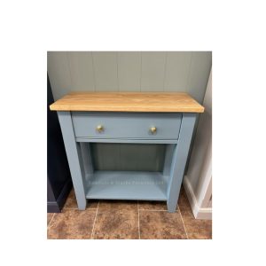 Edmunds 1 drawer console table, Alde River with 25mm square edge oak top, shelf under. In stock ready to go!