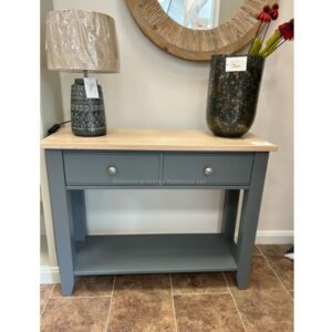 Edmunds 2 drawer console table. Colour Farrow and ball downpipe with white oak straight edge top