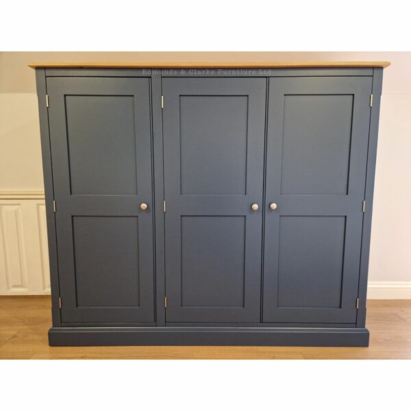 Edmunds Triple low eaves robe painted stiffkey blue with oak top. Edmunds & Clarke Furniture