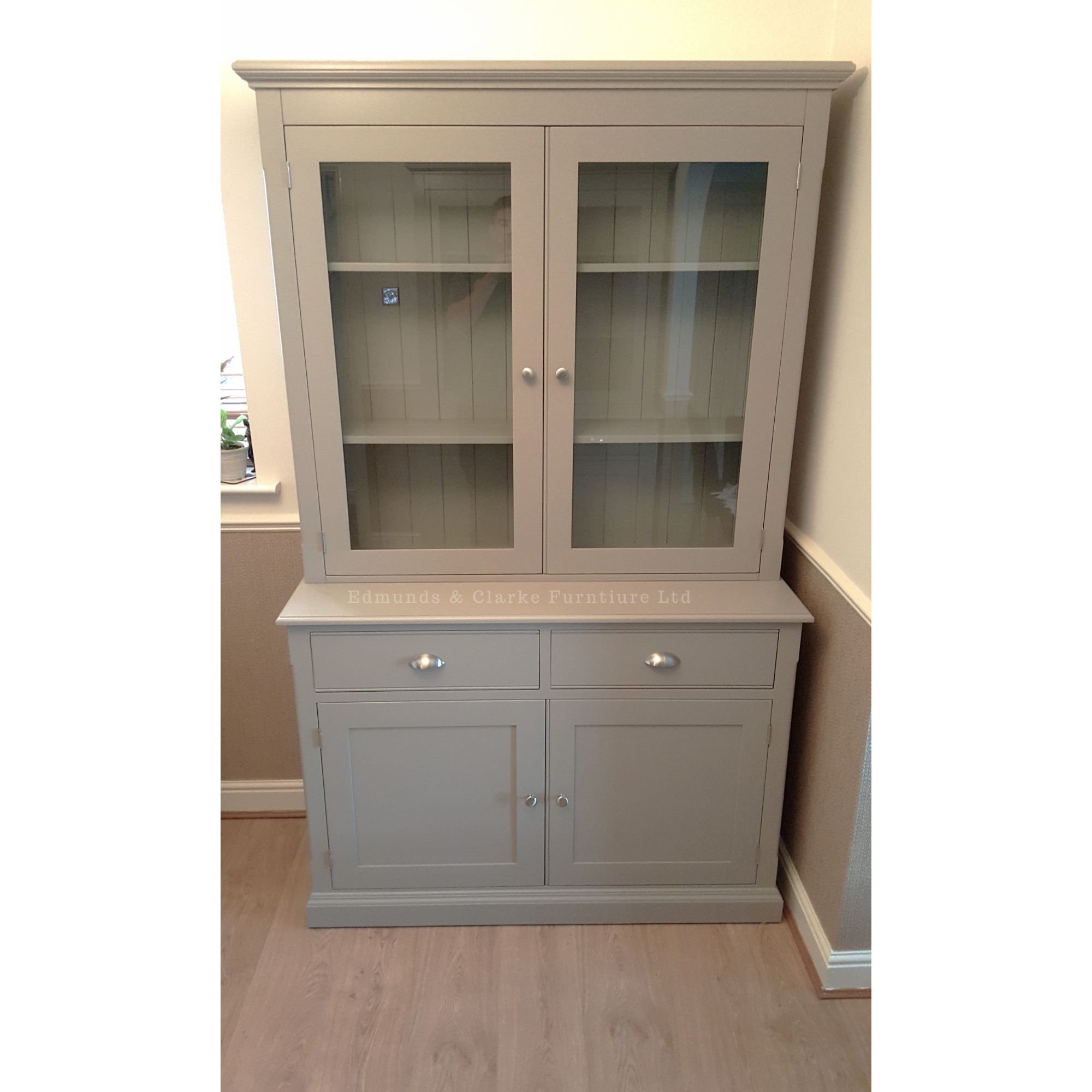 Edmunds fully glazed dresser 2 drawer painted all over doors. Edmunds & Clarke Furniture