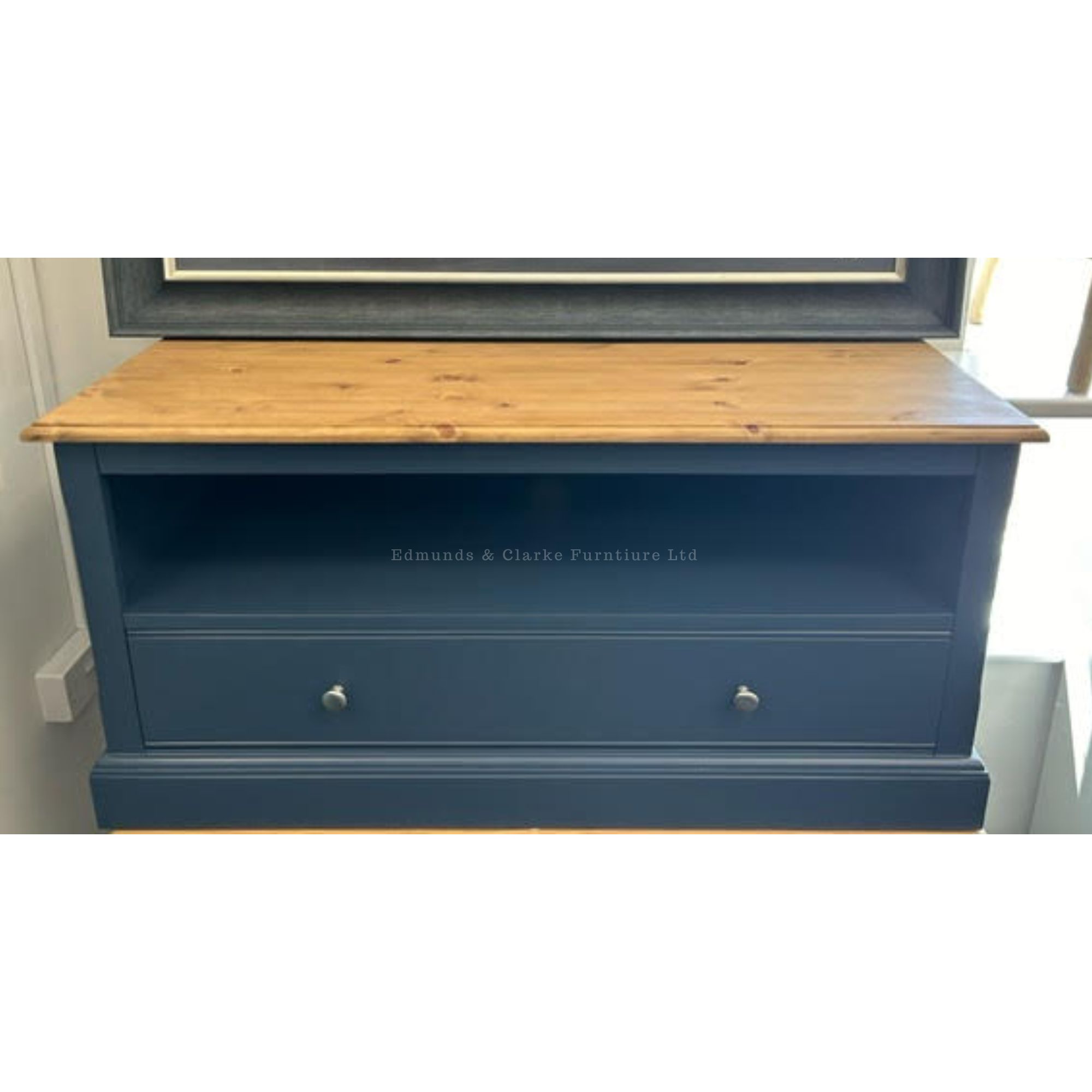 Edmunds Standard TV unit, Stiffkey Blue with waxed pine top, in stock
