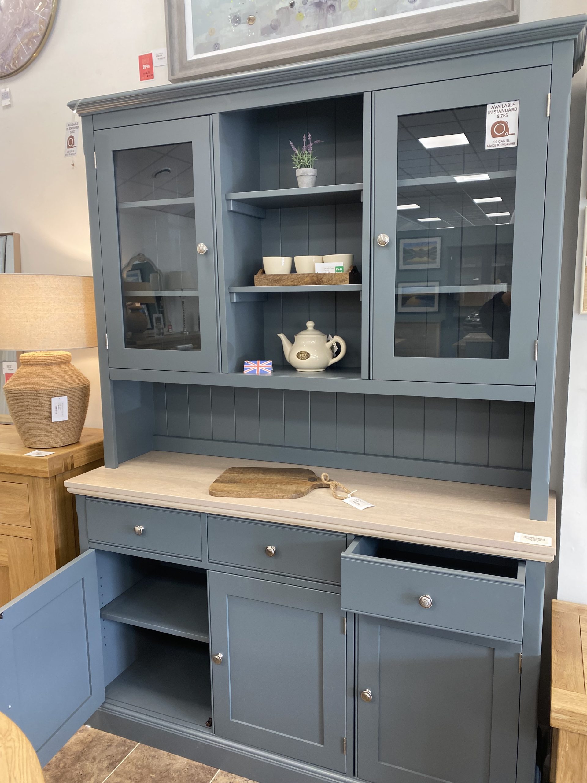 EDM3DR5 Edmunds open hutch dresser 5ft showing doors drawers open for swift delivery. Edmunds & Clarke Furniture