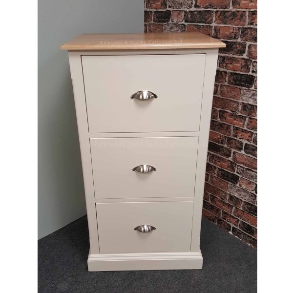 Edmunds 3 drawer filing cabinet in stock ready to go, painted with a solid oak top. Edmunds & Clarke Furniture