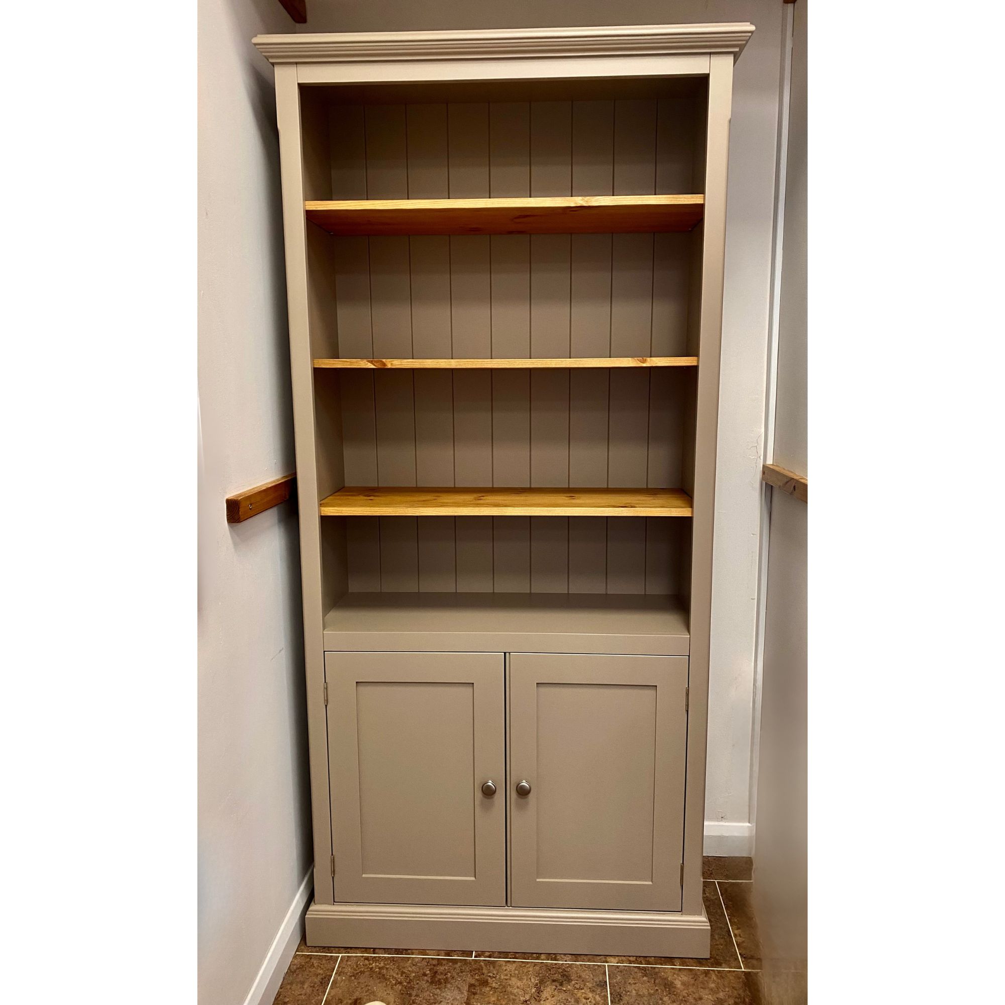 Edmunds 2 Door Library Bookcase painted Morston Quay with Silver ring knobs and pine shelves