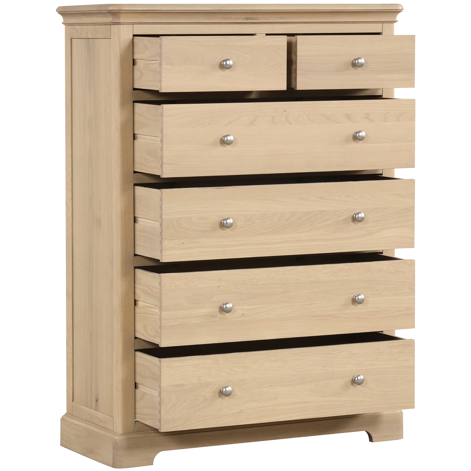 BOK005 Barton Oak 2 over 4 chest of drawers. Drawers open. Edmunds & Clarke Furniture