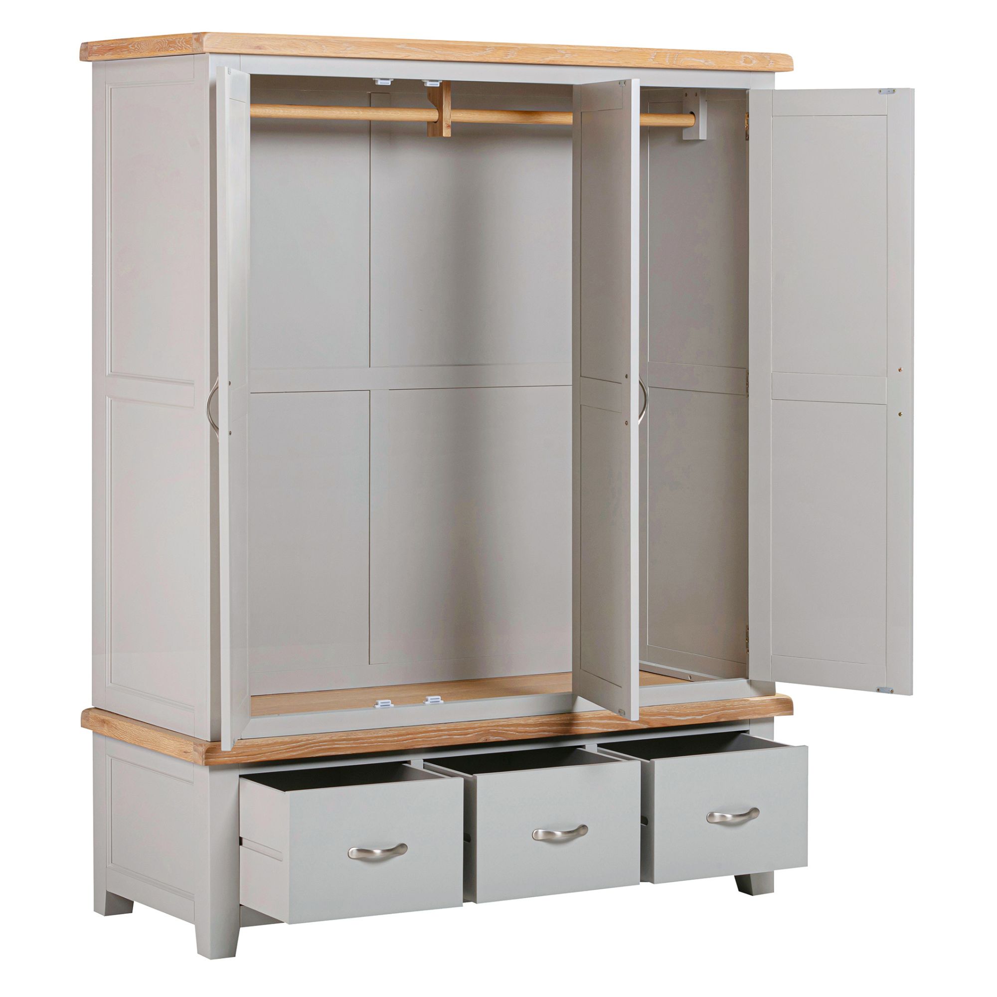 SPT033 WPT033 Suffolk Painted triple wardrobe with drawers doors open - grey