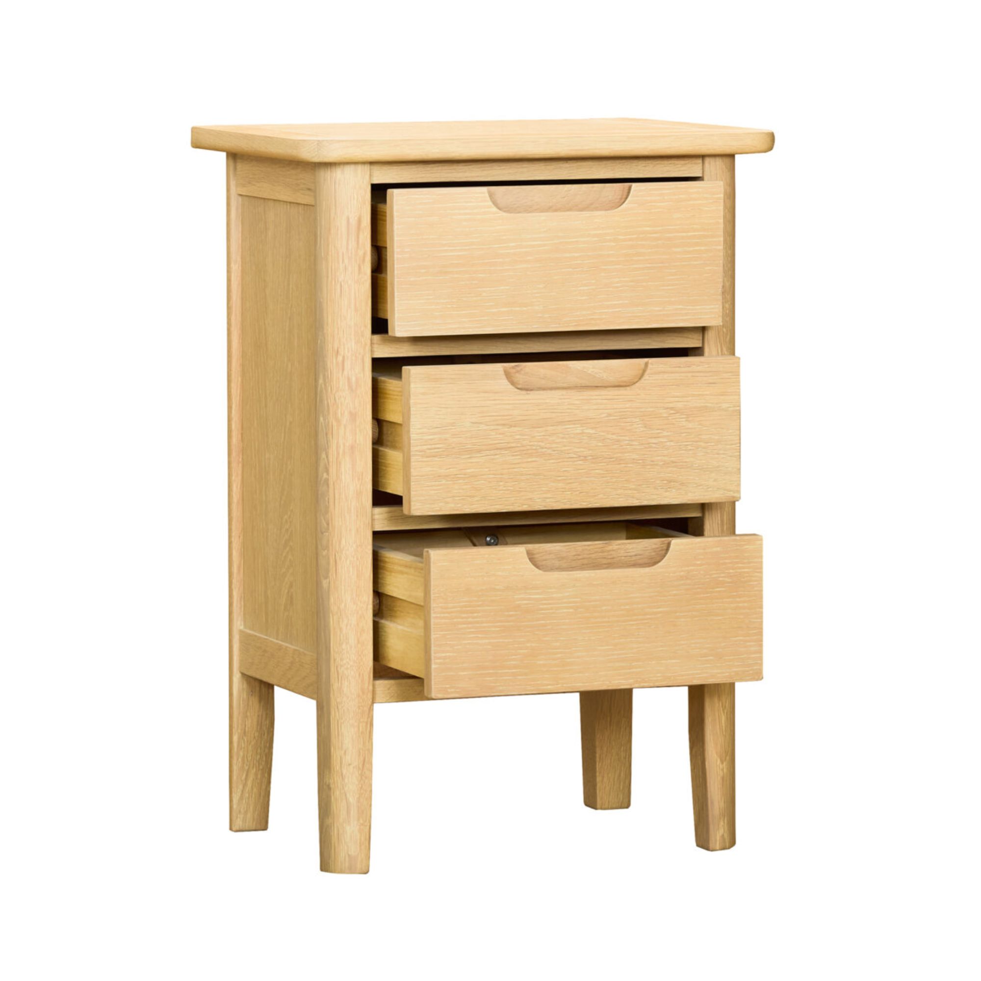 BER001 Bergan 3 drawer bedside drawers open. Scandic design light oak. Edmunds & Clarke Furniture
