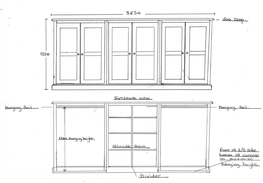 Bespoke Low Eave wardrobe with 6 doors, hanging space and central shelves. Painted in Holkham Sand with solid oak top and satin nickel handles. Edmunds & Clarke Furniture
