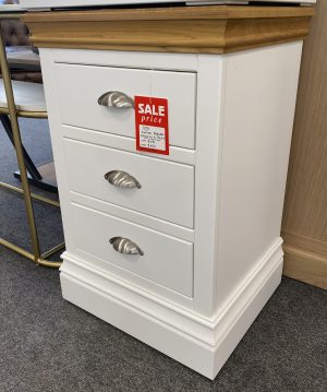 Lundy 3 drawer bedside white with oak top and silver handles. Edmunds & Clarke Furniture