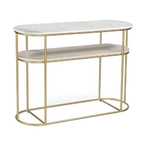 White Marble console table. Gold legs and shelf under. Edmunds & Clarke Furniture