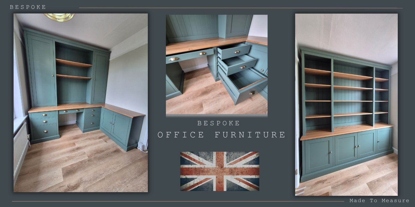 Bespoke Office Furniture Slide office furniture in green smoke. corner desk and bookcase