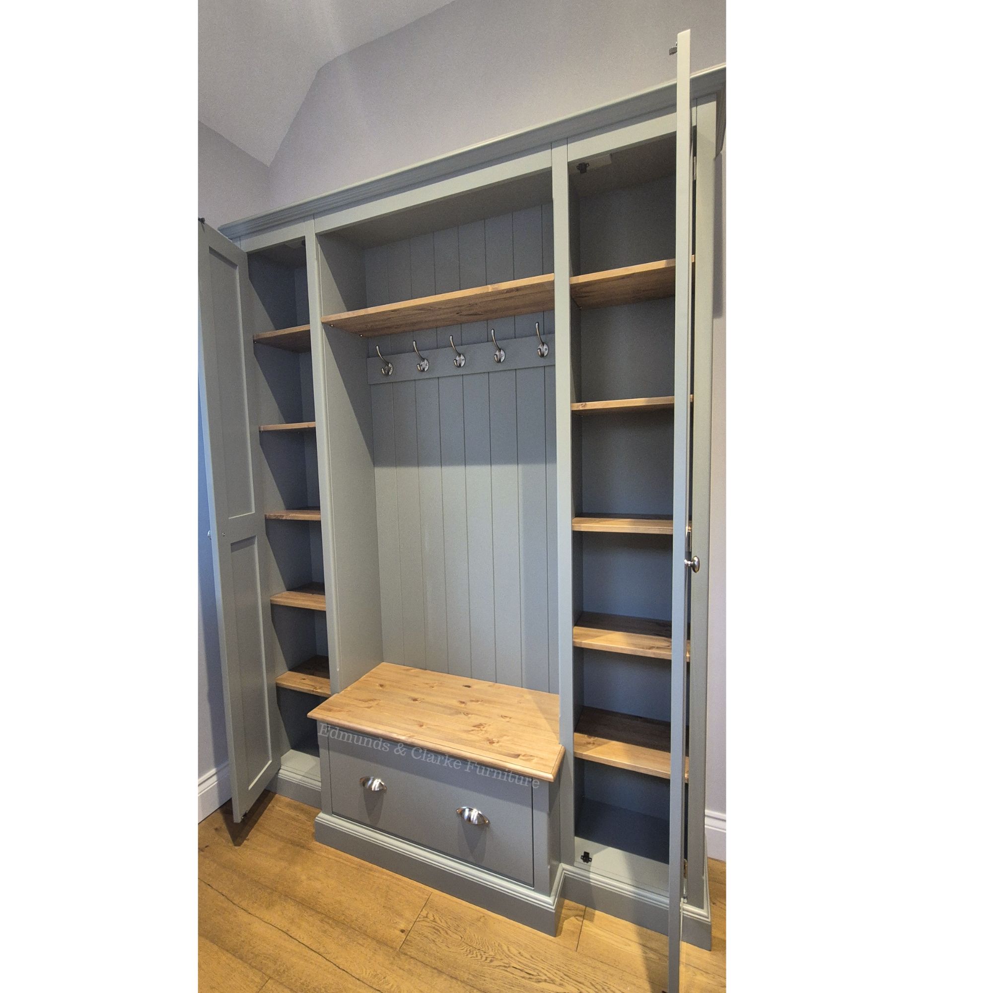 EDMHCCSU 186cm Edmunds Large Hallway Unit with pine top and shelves - 2 doors open. Edmunds Clarke Furniture