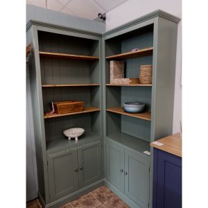 Edmunds Corner Library bookcase green smoke pine shelves. Edmunds & Clarke Furniture