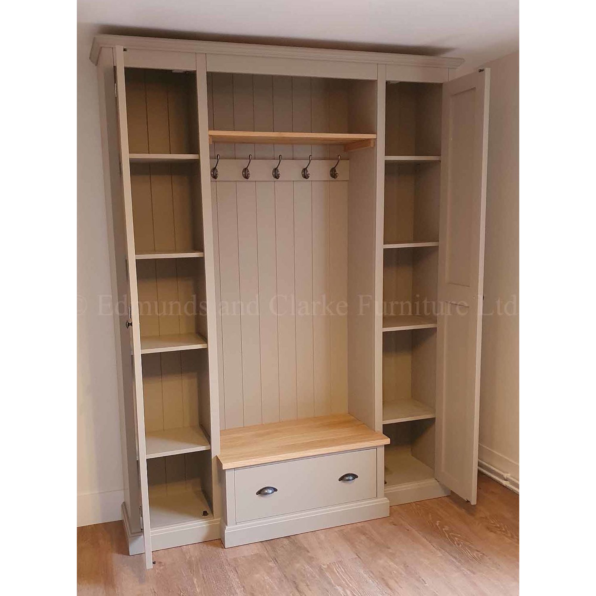 EDMHSU Edmunds Hallway Storage Unit with doors, painted morston quay with oak shelf. Edmunds Clarke Furniture
