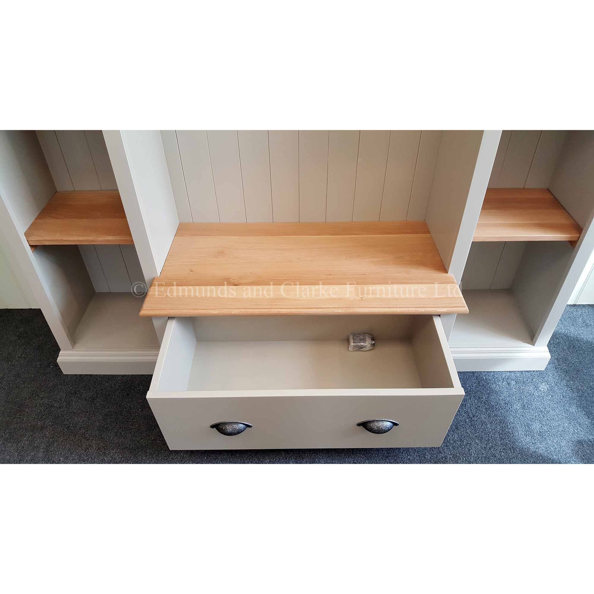 EDMHSU Edmunds Hallway storage unit close up drawer and oak top. Edmunds Clarke Furniture