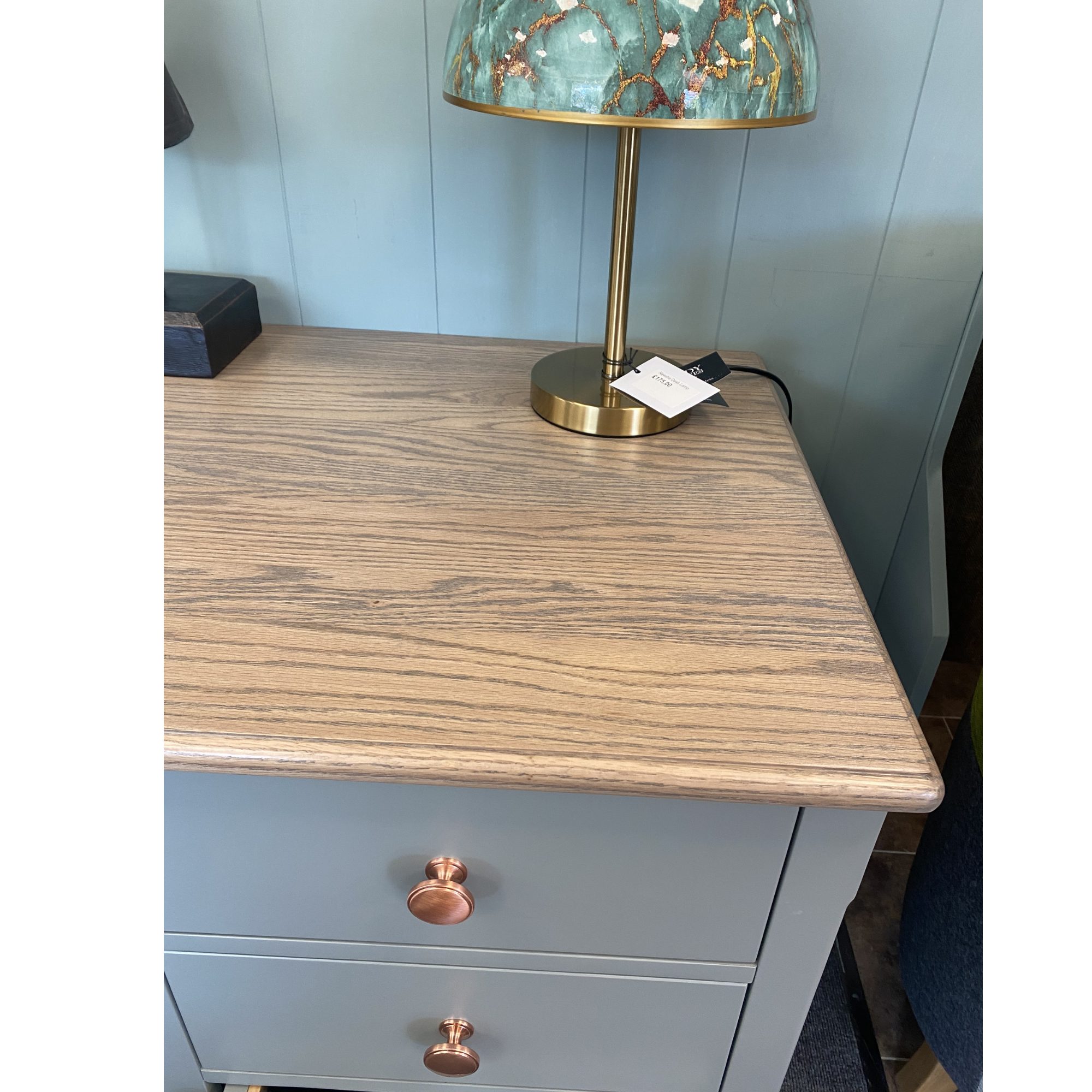 Edmunds Double Pedestal desk with close up of top and handles. Edmunds Clarke Furniture