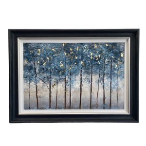 Golden Forest Framed Art - Light Blue Room Set. Large Blue and gold trees in a grey frame