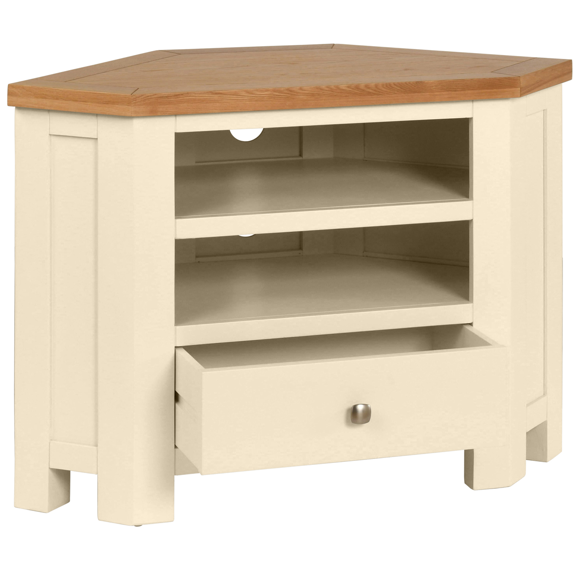 DPT073PI Dorset Corner TV Unit painted Ivory with drawer open. Edmunds Clarke Furniture