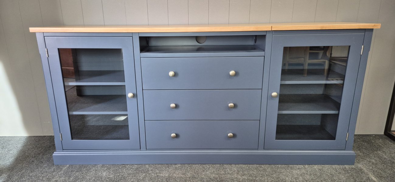 Made To Measure Sideboard HIFI storage V2. Painted Stiffkey Blue with oak top. Edmunds Clarke Furniture