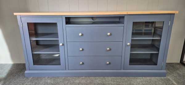 Made To Measure Sideboard HIFI storage V2. Painted Stiffkey Blue with oak top. Edmunds Clarke Furniture
