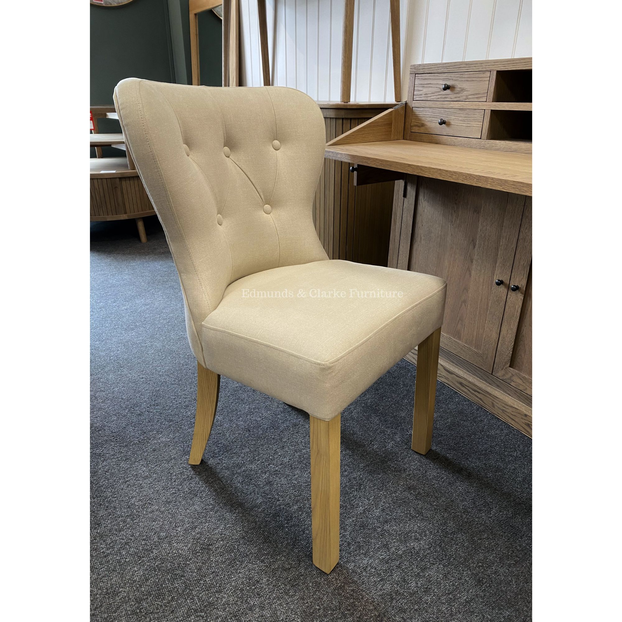 Abby dining chair stone room set. Button back curved elegant chair. Edmunds Clarke Furniture