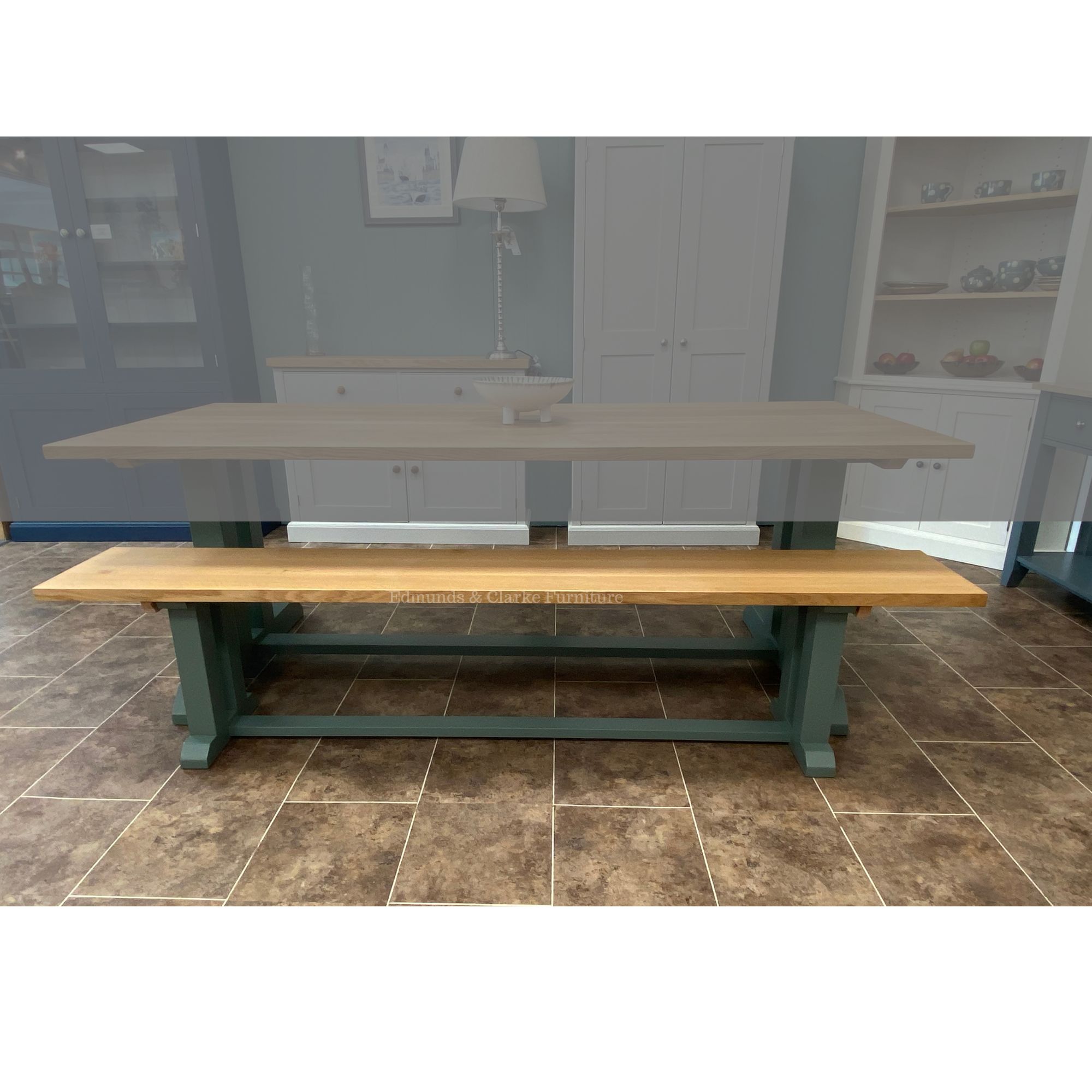 Edmunds I Frame 7ft Bench Green Smoke with oiled oak top. Edmunds Clarke Furniture