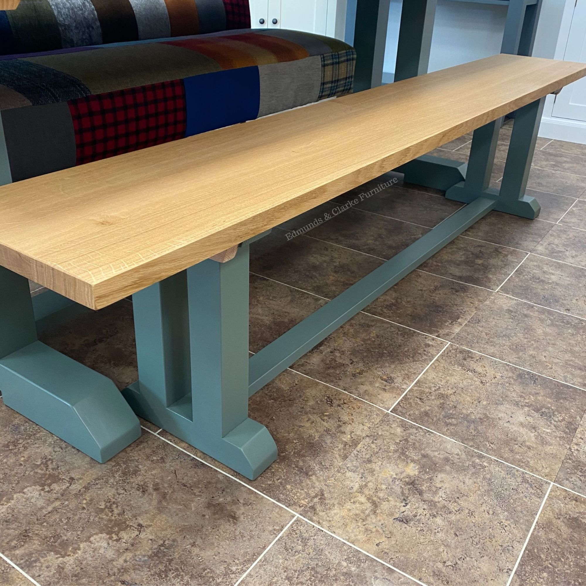 Edmunds I Frame 7ft Bench Green Smoke with oiled oak top close up. Edmunds Clarke Furniture