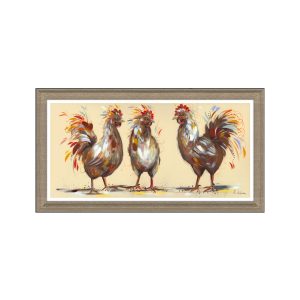 AK12827 Three Hens framed art. Light wood frame. Edmunds Clarke Furniture