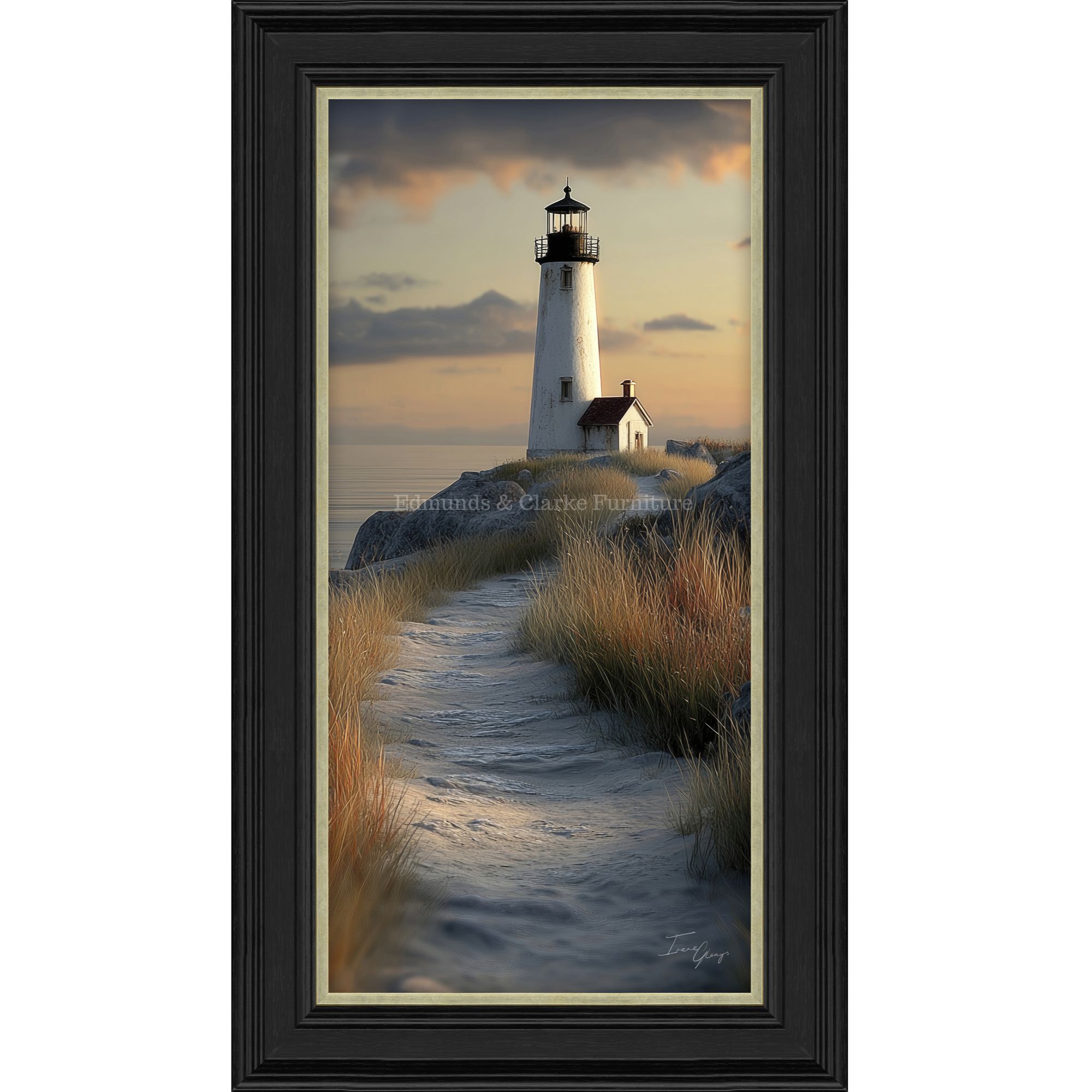 AK12838 Sunset lighthouse framed wall art. Edmunds Clarke Furniture