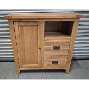 Solid oak media sideboard unit with 2 drawers, door and gap for media boxes. Edmunds Clarke Furniture