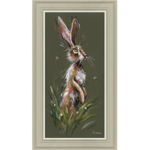 Hippity Hare framed art. A standing hare looking through the grasses. Edmunds Clarke Furniture