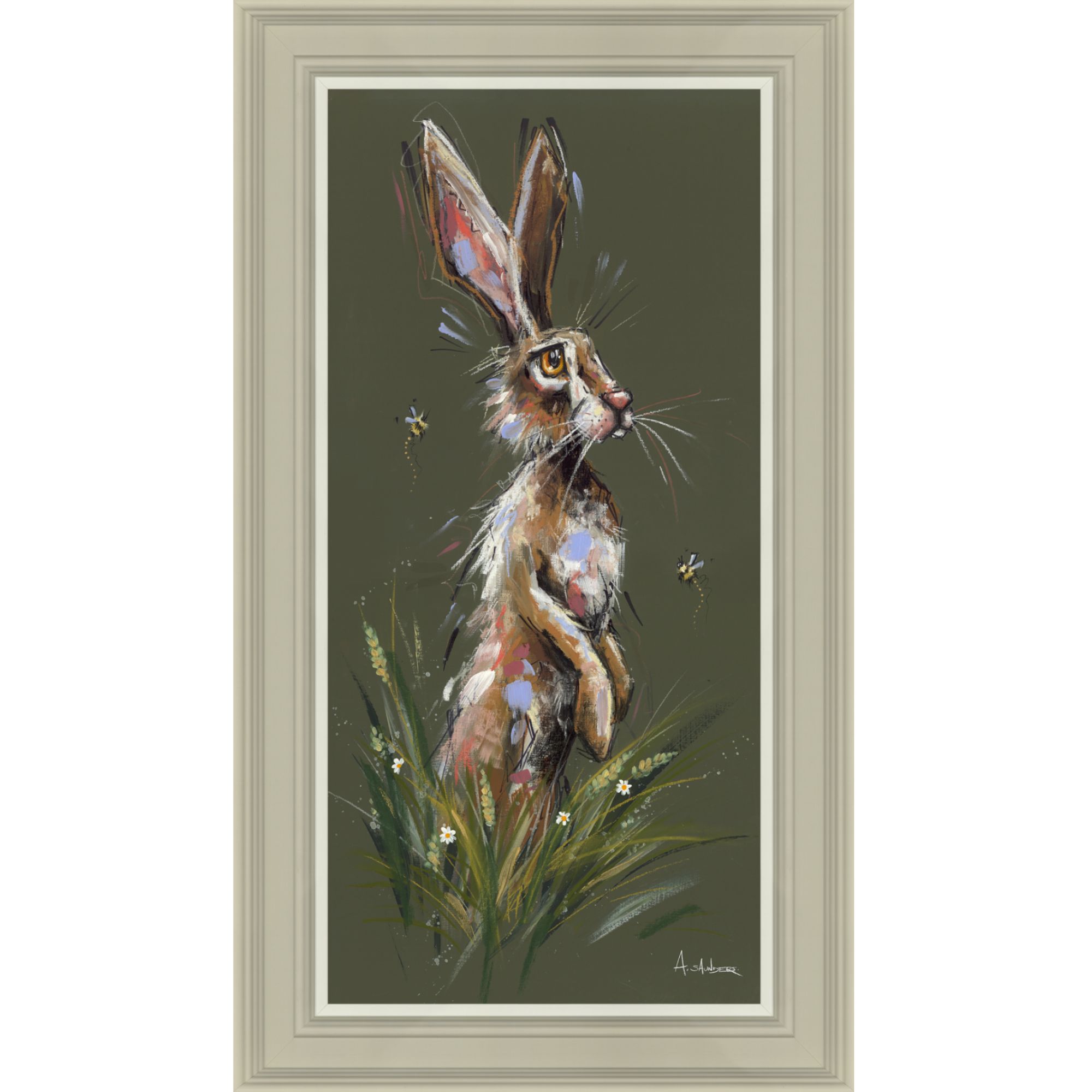 Hippity Hare framed art. A standing hare looking through the grasses. Edmunds Clarke Furniture