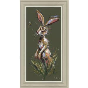 Hoppity hare framed art. Green shades in a cream frame. Edmunds Clarke Furniture