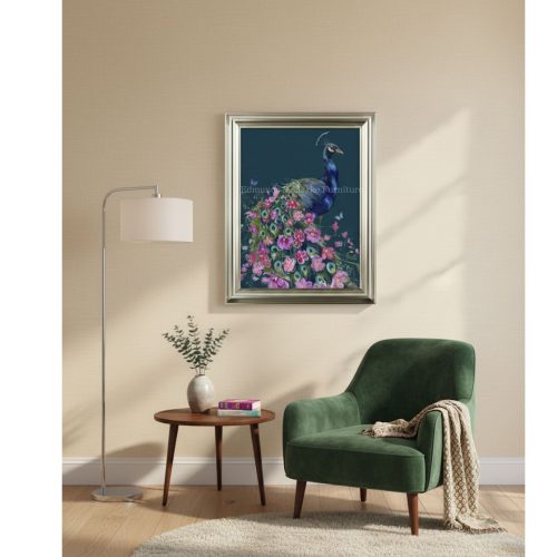 Petals and plumb peacock framed art roomset. Framed in a silvery gold frame