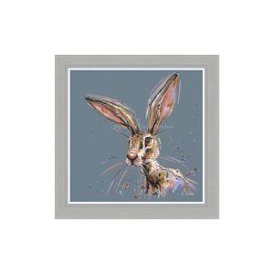 Pink Lady framed hare picture. fun painting of a hare on a light blue background. Edmunds Clarke Furniture