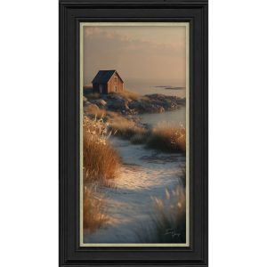 The Boathouse framed art. A boat house on a moody coastal scene. Edmunds Clarke Furniture