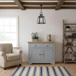 Clarke 2 door Sideboard Mid Grey Matt Lacq oak top. Edmunds Clarke Furniture