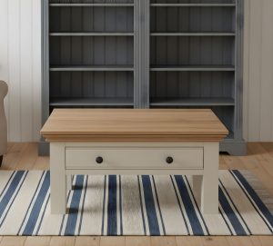 Clarke coffee table with drawer Ivory and natural oil top. Edmunds Clarke Furniture