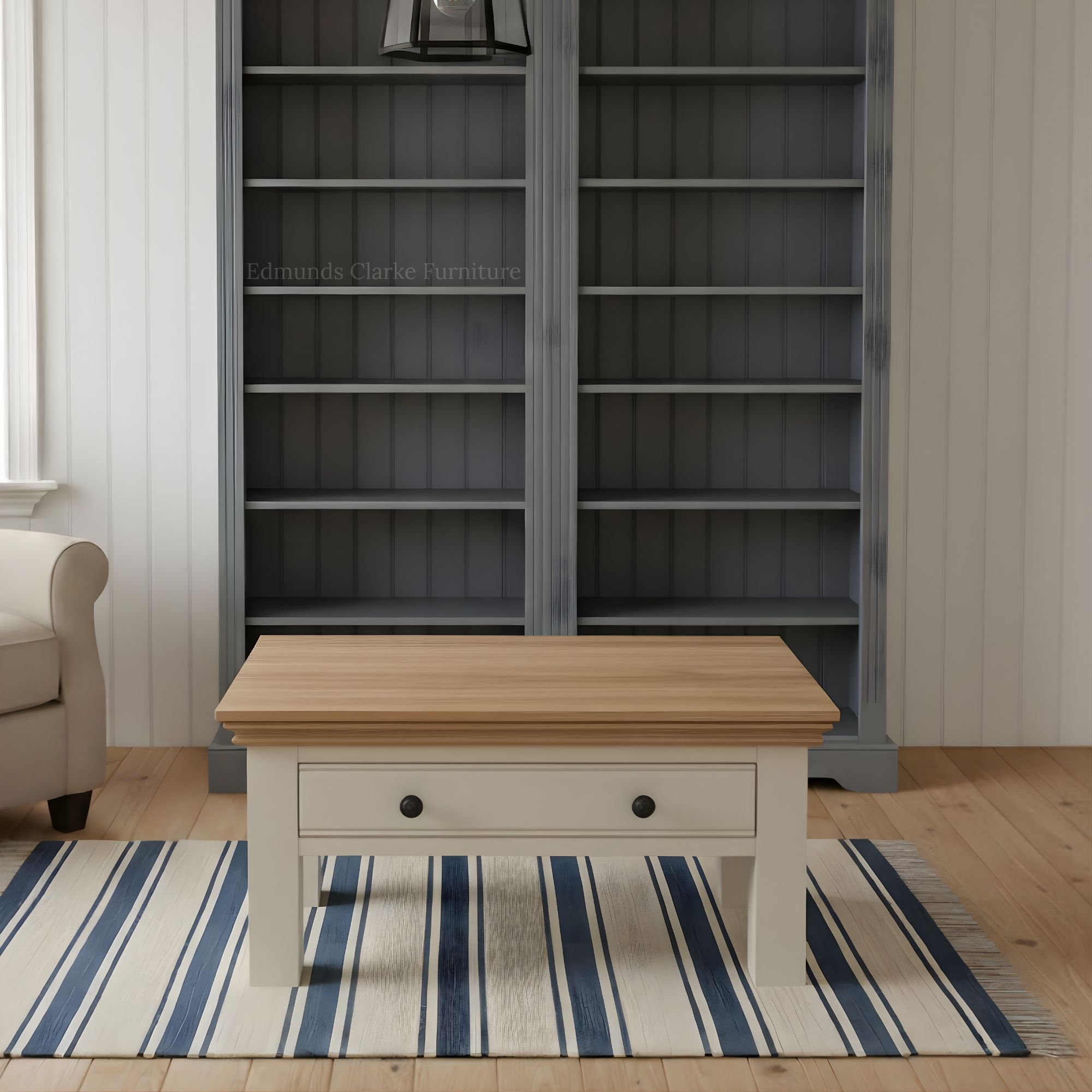 Clarke coffee table with drawer Ivory and natural oil top. Edmunds Clarke Furniture