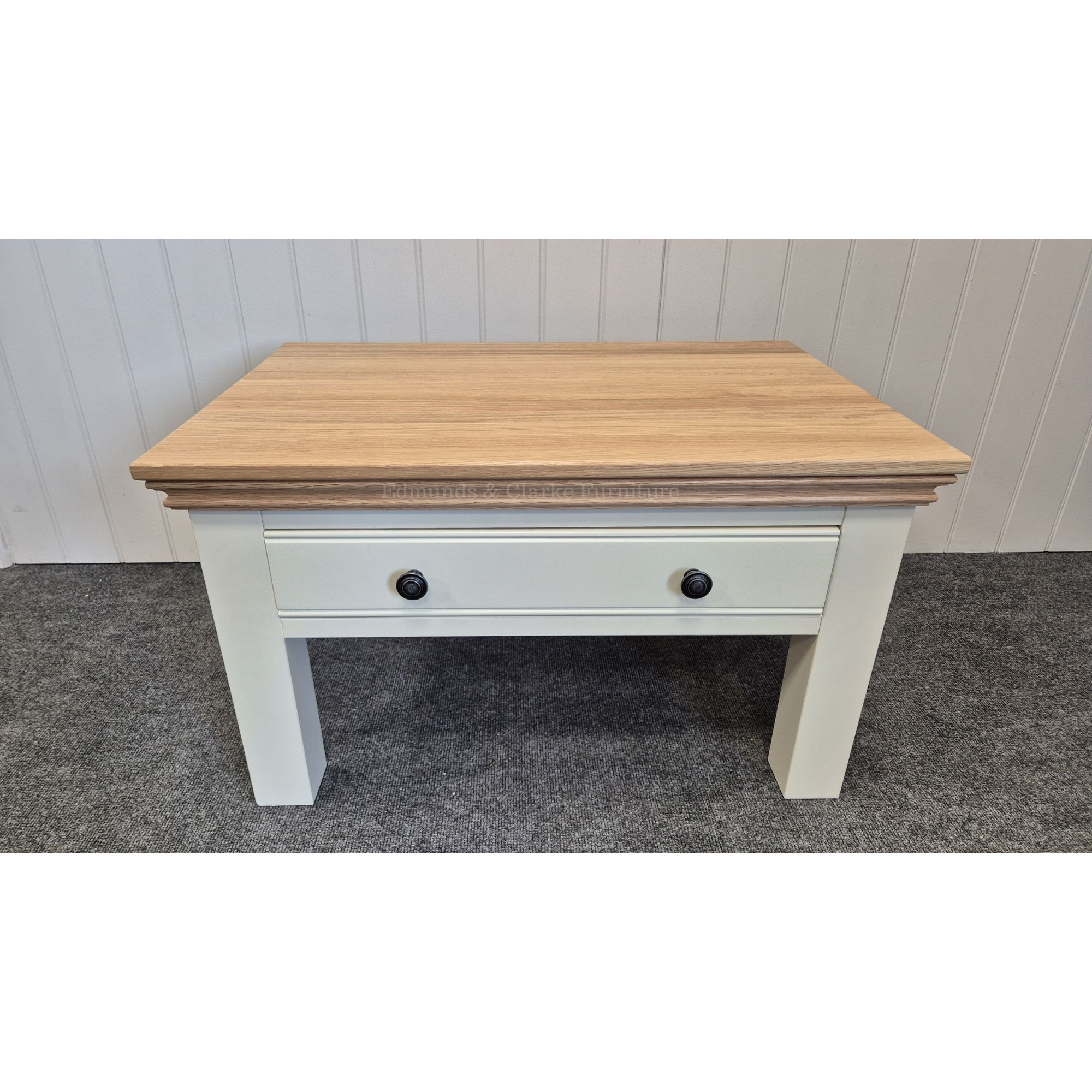Clarke coffee table with drawer Ivory and natural oil top. Edmunds Clarke Furniture