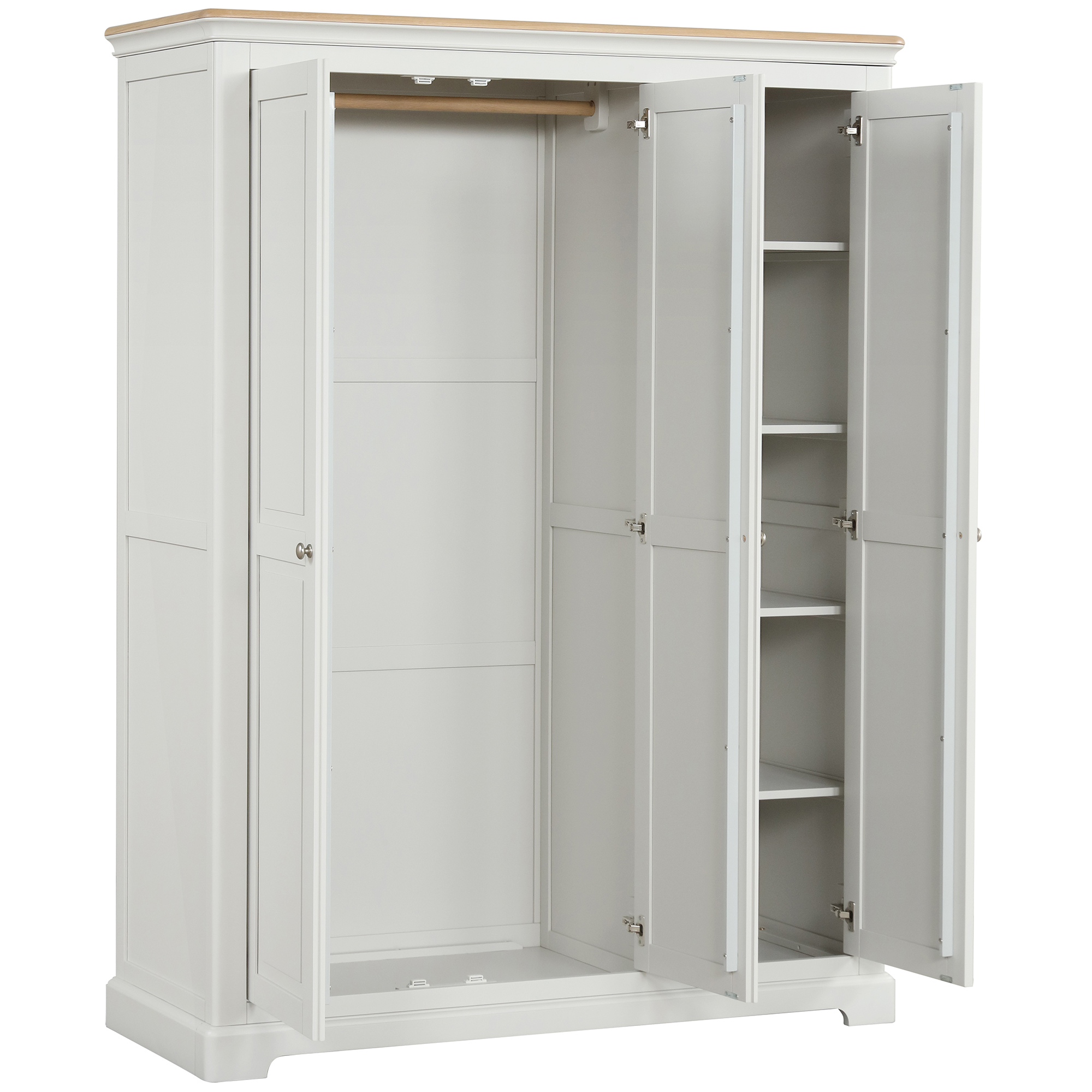 Barton painted triple wardrobe with shelves image showing doors open. Edmunds Clarke Furniture