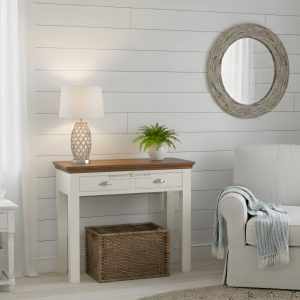 Clarke 2 drawer console table with oak top. Edmunds Clarke Furniture