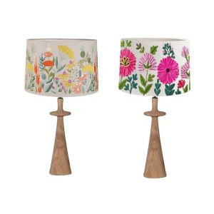 Blake table lamp showing with Ezra and Ensley shade. Mango base with floral shades
