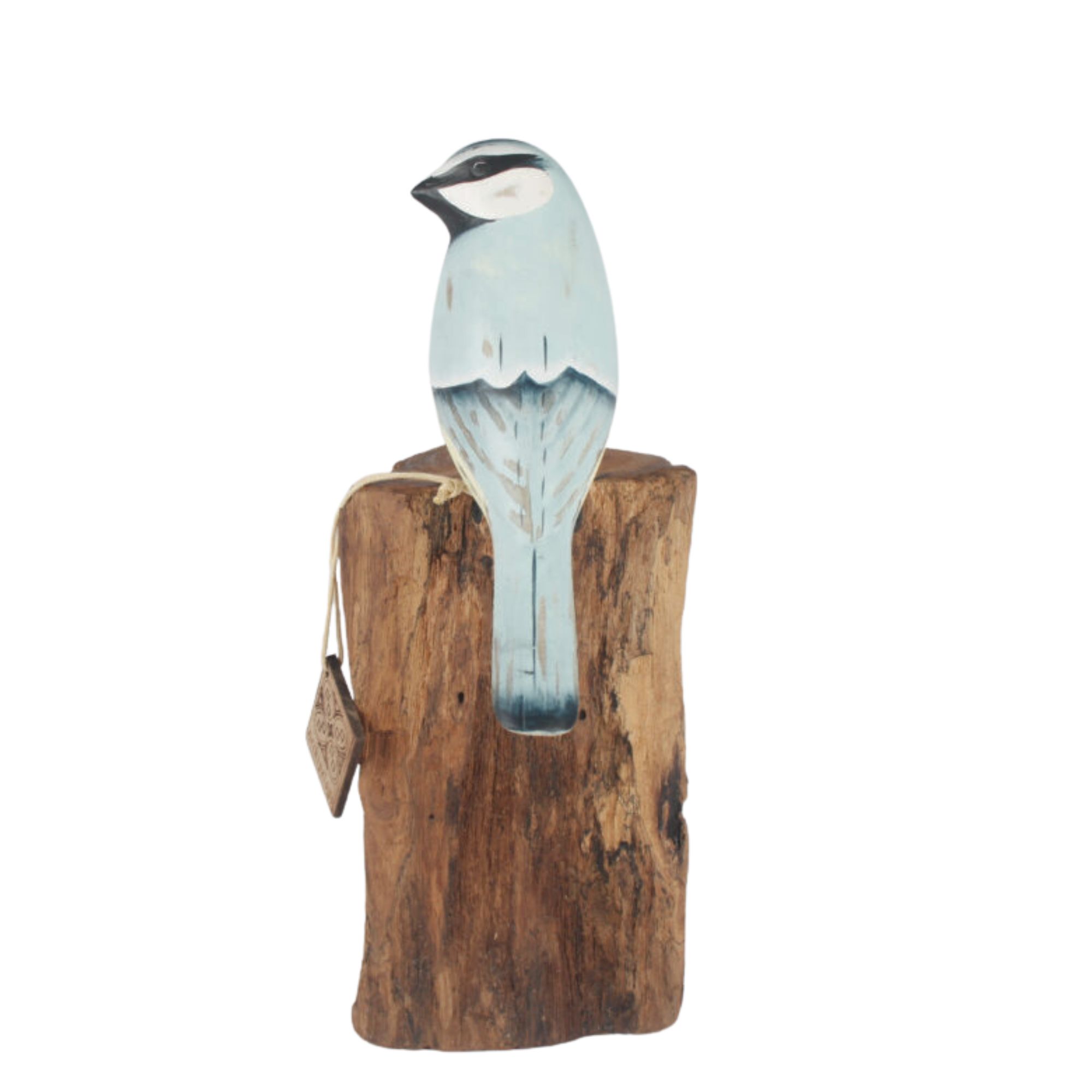 Blue Tit carving on stump back view. Edmunds Clarke Furniture