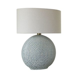 Darcie Table Lamp, light blue textured base with slim neutral shade. Edmunds Clarke Furniture
